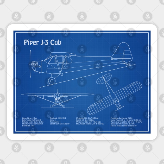 Piper J-3 Cub - Airplane Blueprint - AD Magnet by SPJE Illustration Photography